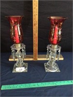 Matching pair cranberry etched to clear candle