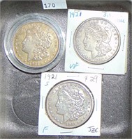 1921, 1921, 1921-S Morgan Dollars VF, VF, F (clean