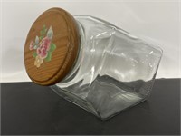 Vintage glass tilted counter jar with wood lid