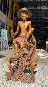 TIMBER CARVED CHINESE FISHERMAN