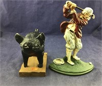 Two Metal Figures- Old Golfer And Painted Pig