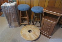 3 bar stools, 2 cabinets, barrel roller