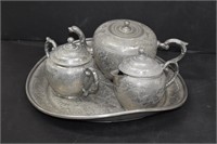4pc Antique Chinese Wahlee Swatow Pewter Tea Set