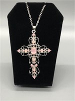 Beautiful Pink Stone Cross Pendant w/Chain