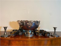 Large SP Punch Bowl, 12 Cups, Candlesticks