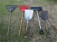 2-Rakes, 2 Grain Shovels, Snow Shovel