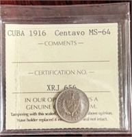 1916 Cuba ICCS Graded Centavo Coin - MS-64