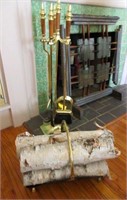 Brass Fireplace Set and Brass Log Holder