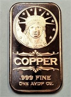 1 Oz .999 Copper Statue of Liberty Bar