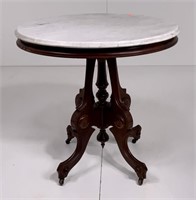 Victorian table, oval white marble top, walnut