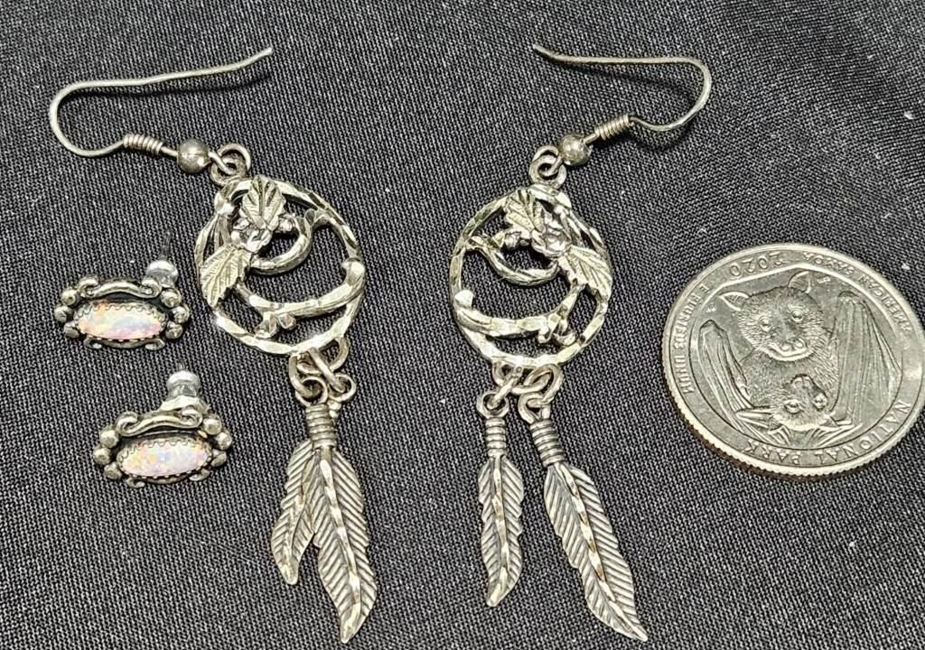 2 Pairs WM Sterling Earrings - Opal, Feathers