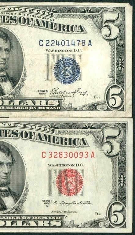 (2 Notes) $5 1953 Silver Certificate & U.S. Note