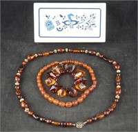 3 Pc Vintage Amber Glass Necklace & Bracelet Lot