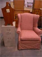 Plaid Wingback Arm Chair, 2-Drawer File Cabinet &