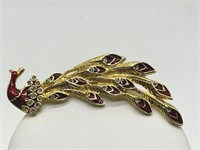 Peacock Brooch w/ Red Enamel & Crystals