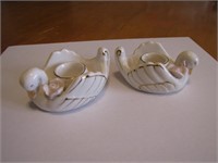 2 Porcelain Swan Candle Holders 3&1/4" x 1&5/8"