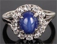 14K WHITE GOLD STAR SAPPHIRE DIAMOND RING