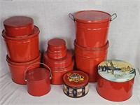 12 Red Metal Tins with Lids incl. 1983 Quaker Oats