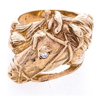 10 Kt Gold, Custom Made Ring, Horse Turning with D