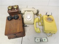 Vintage Telephones - Oak Crank Style, MCM Yellow