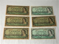 6 - 1954 Canadian $1 Banknotes