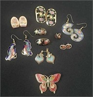 Group of vintage cloisoinne earrings and a brooch