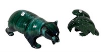 JADE EAGLE AND CERAMIC GRIZZLY BEAR FIGURES