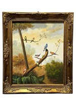Signed Oil on Canvas Birds in Nature Scene