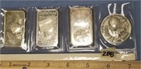 Lot of 4, three 1 ounce .999 silver bars, and a co