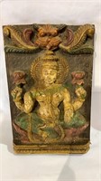 Carved wood Indian god plaque, four handed woman