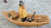 Rustic Folk Art Wooden Lobster FIsherman & Boat