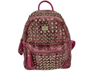 Pink Studded Textured Leather Medium Backpack
