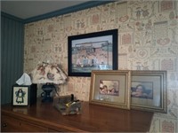 Oil Lamp, Wood Tissue Box, Cherub & Amish Prints