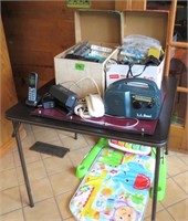 Card table, camera lens, radio, misc.