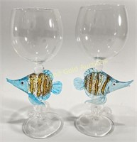 (2) Hand Blown Tropical Fish Wine Glasses