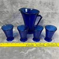 Vtg Florentine Cobalt Blue Pitcher w/ 4-Goblets