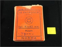 Box of 9.3 x 62mm Norma cartridges, made in Sweden