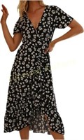 Black Floral Dress: V Neck  Short Sleeve  XL