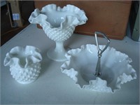 Fenton Hobnail ruffle edge dishes and vase