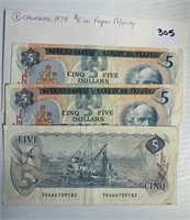 3 Canadian 1979 Five Dollar Paper Money