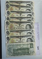 9 Canadian 1973 One Dollar  Paper Money