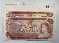 2 Canadian 1974 Two Dollar Paper Money