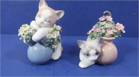 Lladro #6567 and #6566 Cats with Flowers
