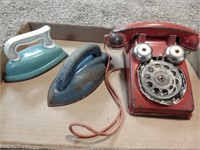 Metal rotary phone & metal irons, *toys*