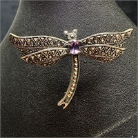 Sterling Silver Marcasite Amethyst Dragonfly Brooc