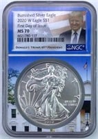 2020-W Burnished Silver Eagle NGC MS70 Trump