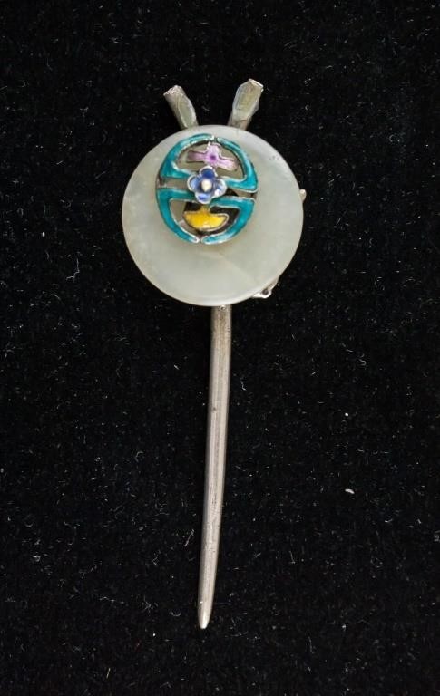 Chinese White Jade and Cloisonne Silver Hairpin