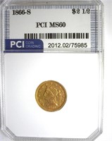 1866-S Gold $2.50 MS60 LISTS $9000