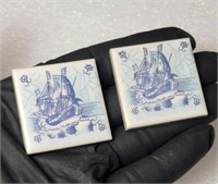 Dutch Ship Porcelain Tiles in Case