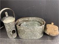 Set of three galvanized oval garden pails and two